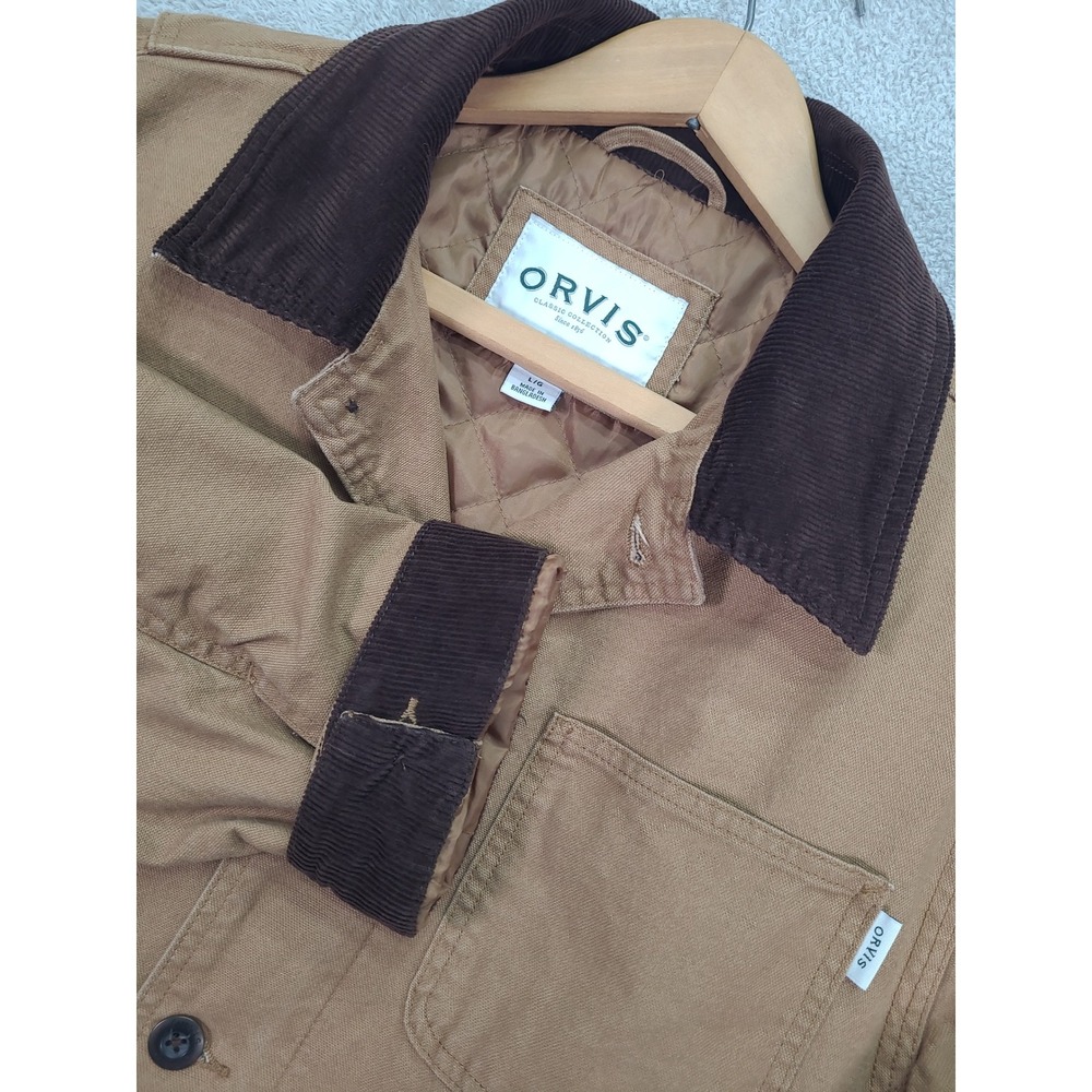 Orvis Classic Collection Men L Tan Canvas Barn Field Jacket Corduroy Trim Quilt